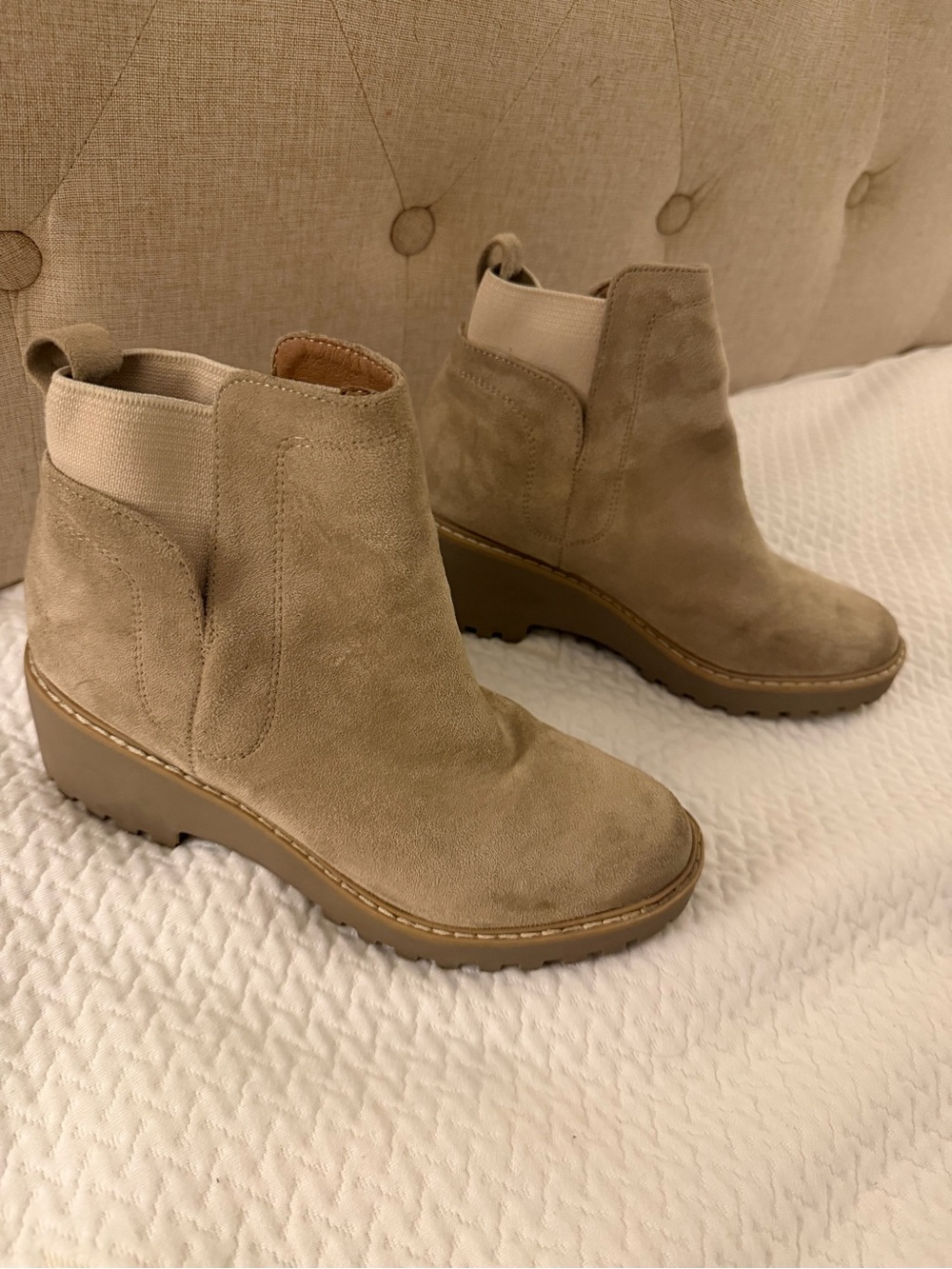 Women’s Suede Wedge Chelsea Booties in Taupe